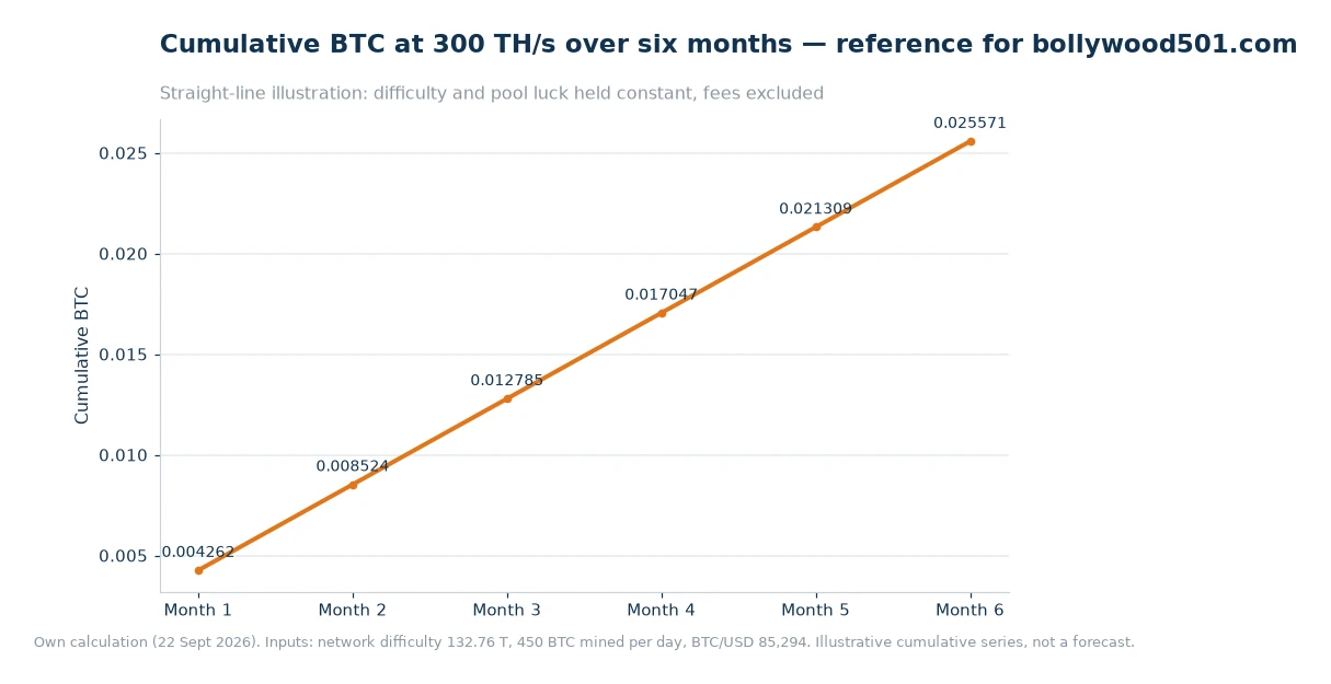 Line chart of cumulative BTC mined at 300 TH/s over six months, climbing steadily from 0.004262 BTC after month one to 0.025571 BTC after month six